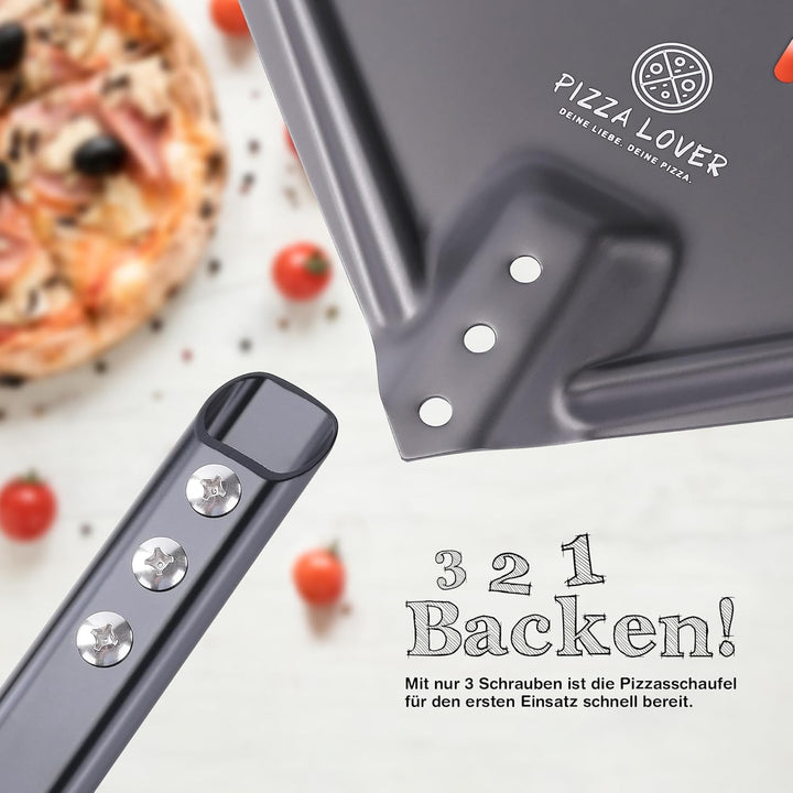 Pizza Lover® hochwertiger Pizzaschieber perforiert 30 x 30 cm Pizzaschaufel aus harteloxiertem Alumi