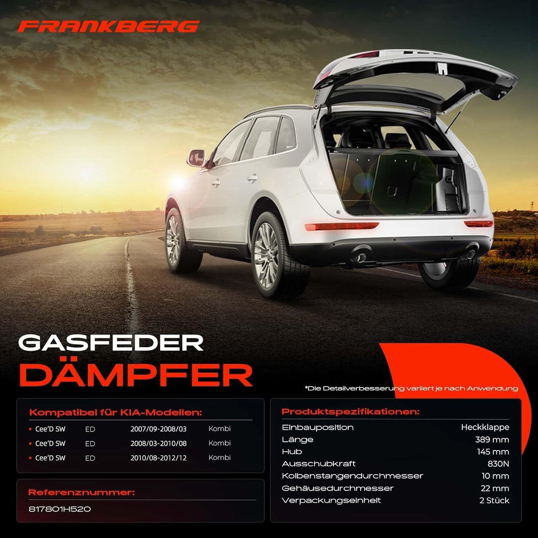 Frankberg 2x Gasfeder Dämpfer Heckklappe Kompatibel mit Cee'D SW ED 1.4L 1.6L 2.0L Kombi 2007-2012 R