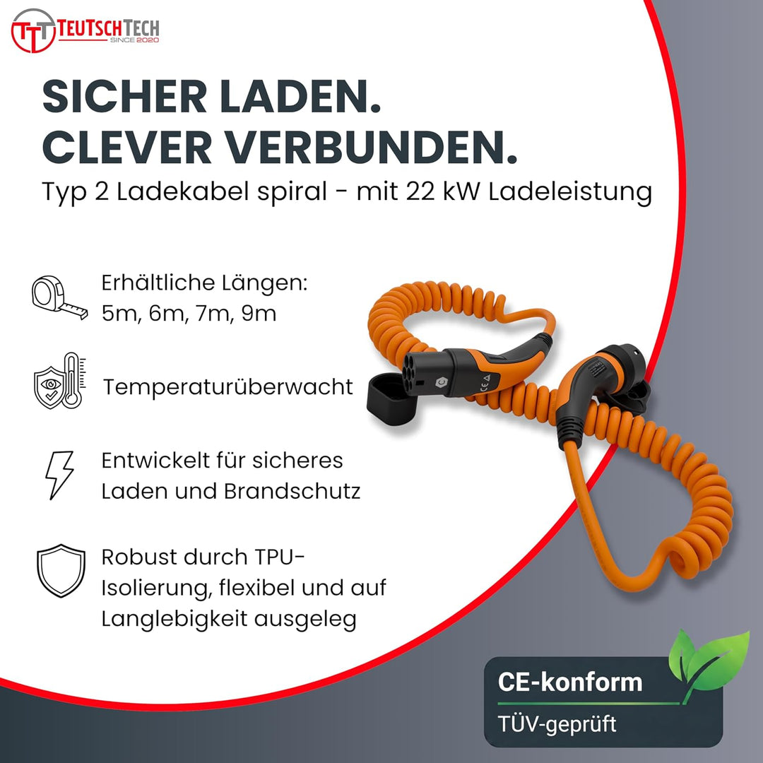TEUTSCHTECH, EV Ladekabel Spiral I Orange I 9M I TYP2 auf TYP2 I 22kW I 3X32A I 3-phasig I Nutzbare