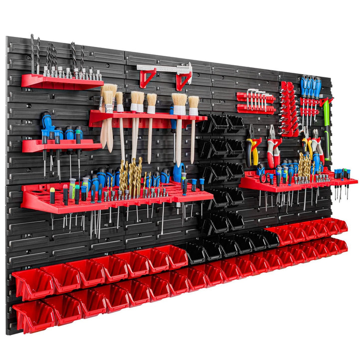Lagersystem Werkstattregal | 156 x 78 cm | 48 stck. Box | Wandregal mit Werkzeughalterungen und Stap