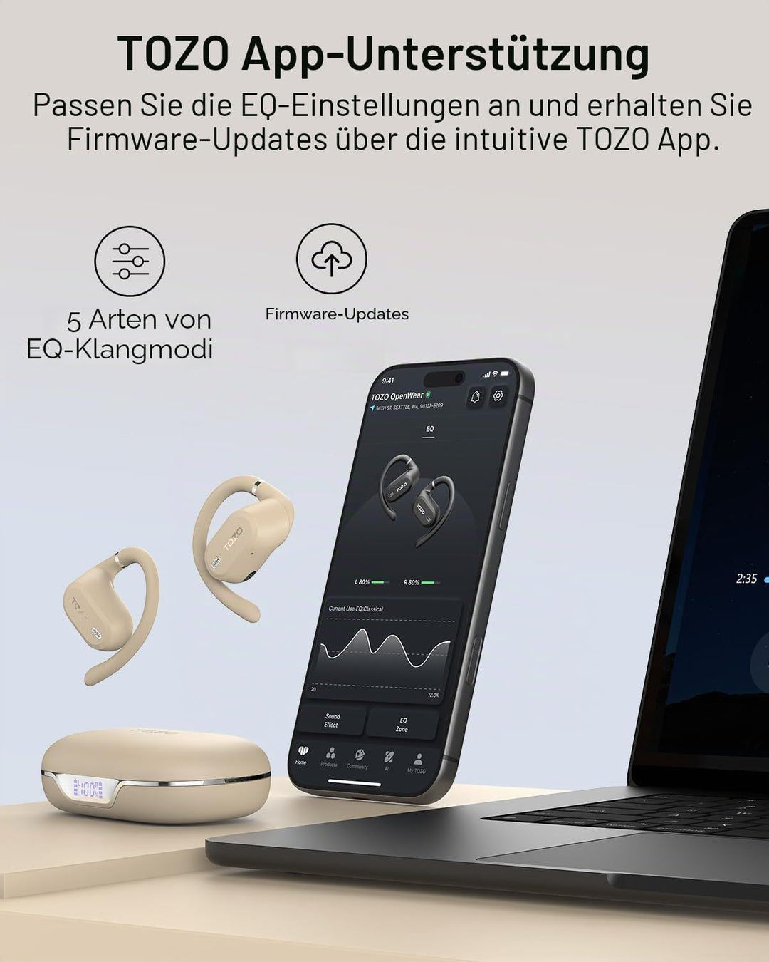 TOZO OpenWear Kabellose Bluetooth-Kopfhörer, ENC-Anrufe, 14,2mm Treiber, 38 Std Wiedergabe,LED-Anzei