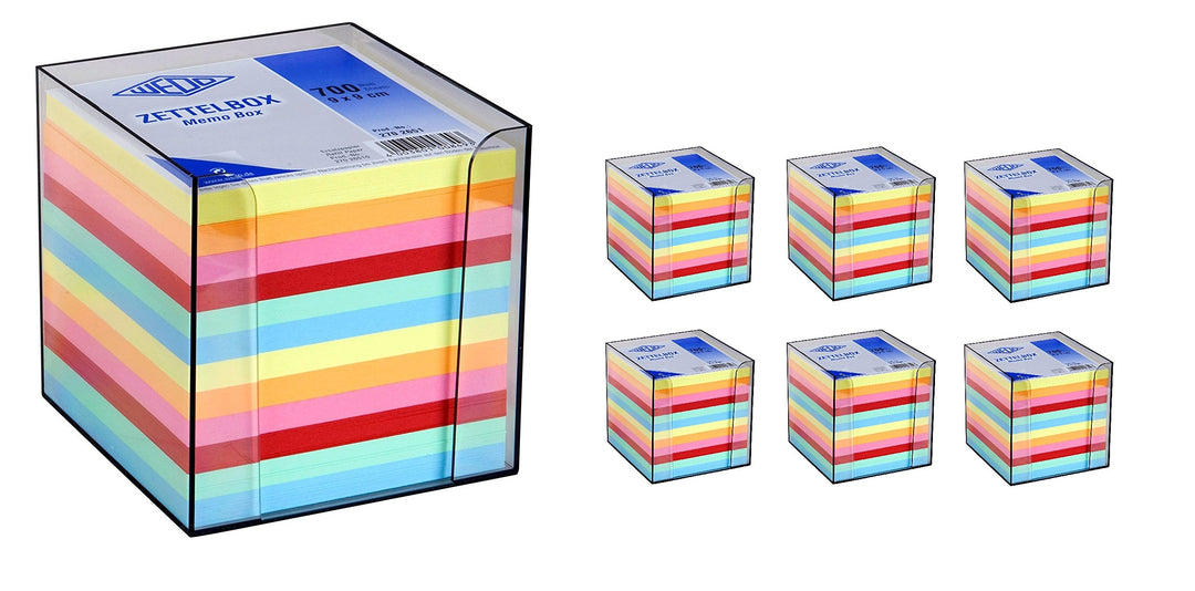 Wedo 2702651 Zettelbox Kunststoff (9 x 9 cm, rauchglas gefüllt, circa 700 Blatt, 6 farbig) (6, Zette
