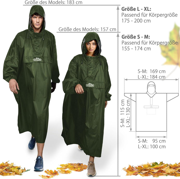 Outdoro Regenponcho mit Ärmeln - Mit Navigations-Fenster in der Brusttasche, Reissverschluss und Sic