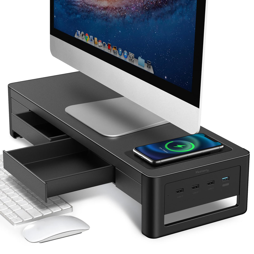 meatanty Monitorständer, 3 in 1 Monitorständer mit USB-Anschlüssen, kabellosem Ladegerät und Schubla