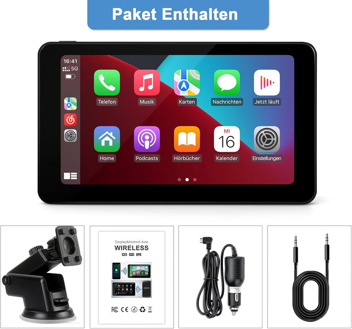 Tragbare CarPlay Display, Wireless Android Auto Monitor, 7 Zoll IPS Bildschirm mit Bluetooth-Freispr