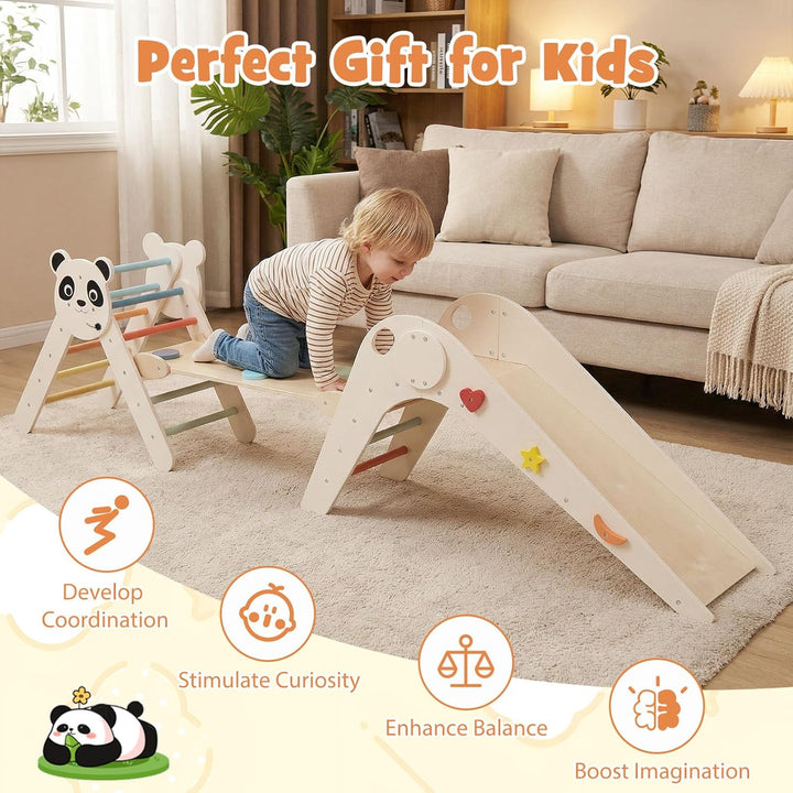 FANTASK Kletterdreiecke Indoor 3er Set, Klappbares Klettergerüst Holz mit Rutsche, Rampe & Kletterle