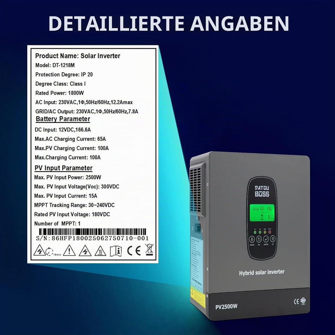 DATOUBOSS 1800W Hybrid Solar Wechselrichter 12V Reiner Sinus, 12V DC auf 230V AC Inverter mit MPPT L