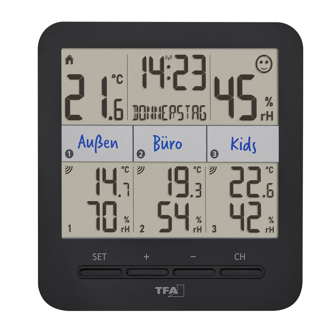 TFA Dostmann Thermo-Hygrometer mit 3 Sendern Klima@Home2, 30.3075.01, Temperatur/Luftfeuchtigkeit in