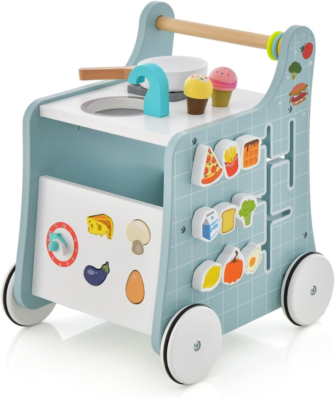 GOPLUS 6 in 1 Lauflernhilfe aus Holz, Lauflernwagen mit Spielküche, Formanpassung, beweglichem Schie