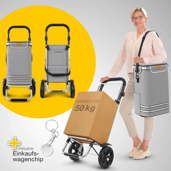 ELONEO Einkaufstrolley klappbar, Einkaufswagen mit Kühlfach, 3in1 Trolley, Sackkarre & Umhängetasche