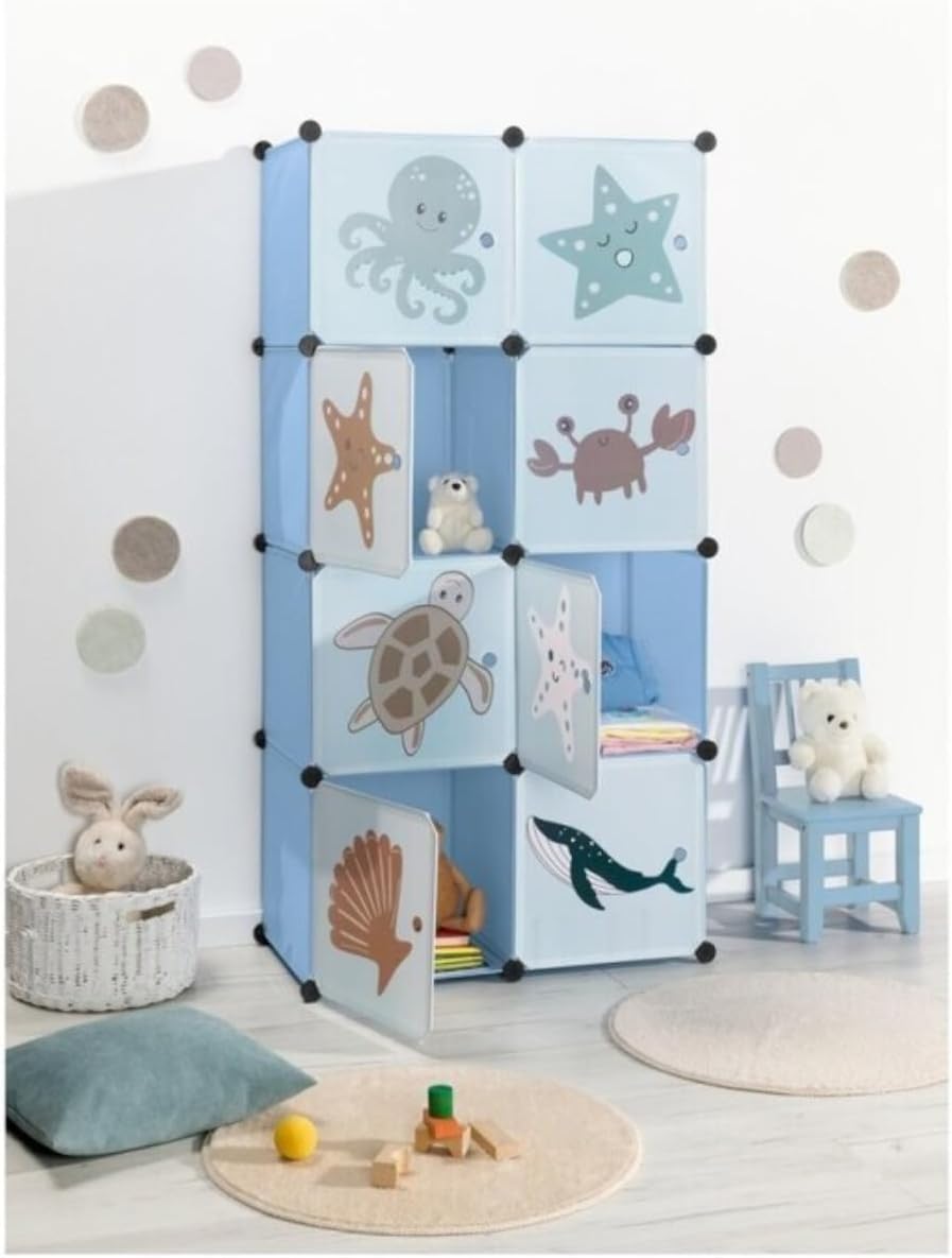 Kinder Steckregal ca. 74 × 36 × 144 cm in Unterwasser-Optik mit 8 verschliessbaren Fächern – Modular