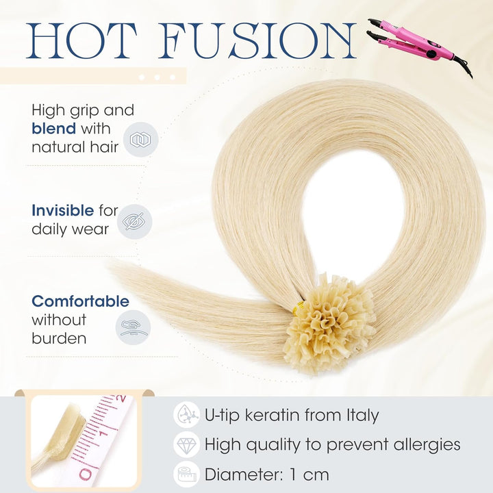 Elailite Extensions Echthaar Bonding 0.5g/s 60cm #60 Platinblond U Tip Hair Extensions Keratin 100 S