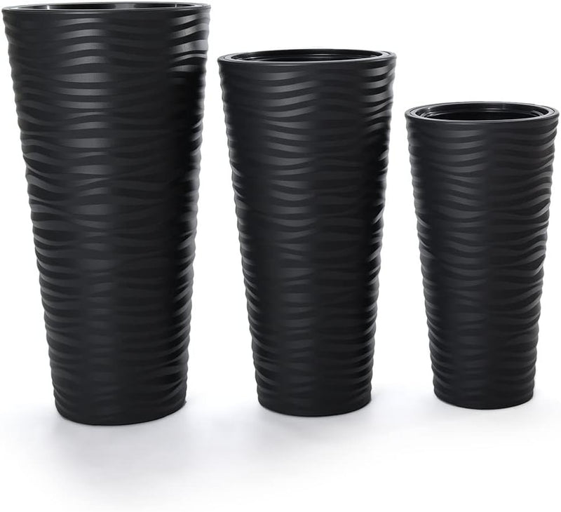 MELTOM Blumenkübel 3D Effekt Welle Slim Rund Einsatz Pflanzgefäss Set 3: XL XXL 3XL Anthrazit