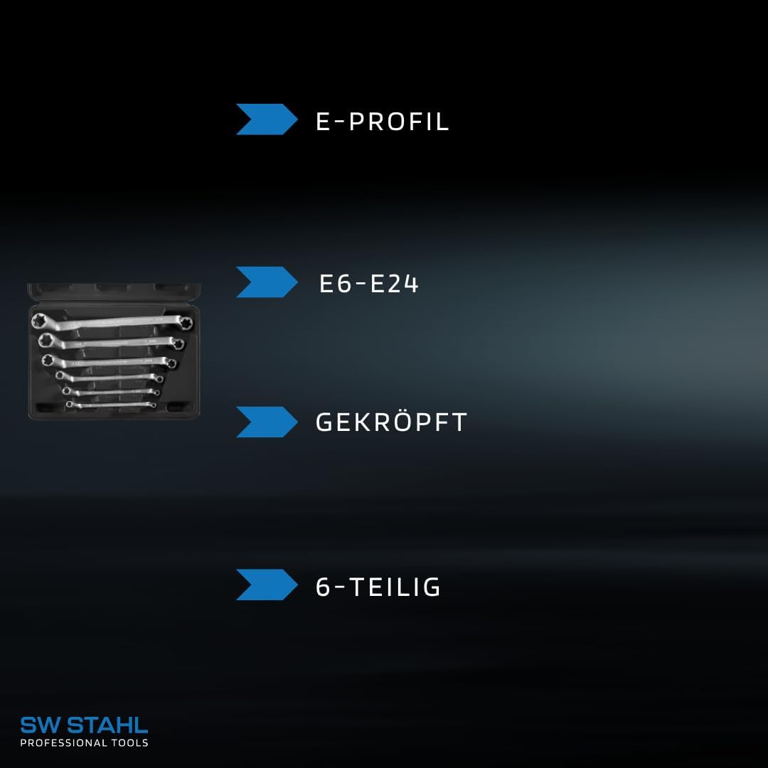 SW-Stahl 01580L Doppelringschlüssel-Satz E-Profil, E6-E24, 6-teilig, doppelt gekröpft I Torx-Schraub