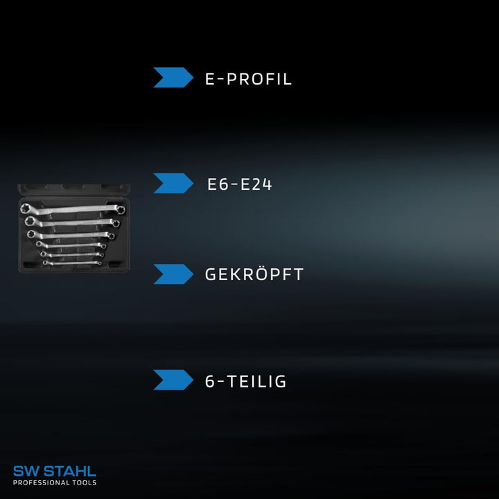 SW-Stahl 01580L Doppelringschlüssel-Satz E-Profil, E6-E24, 6-teilig, doppelt gekröpft I Torx-Schraub