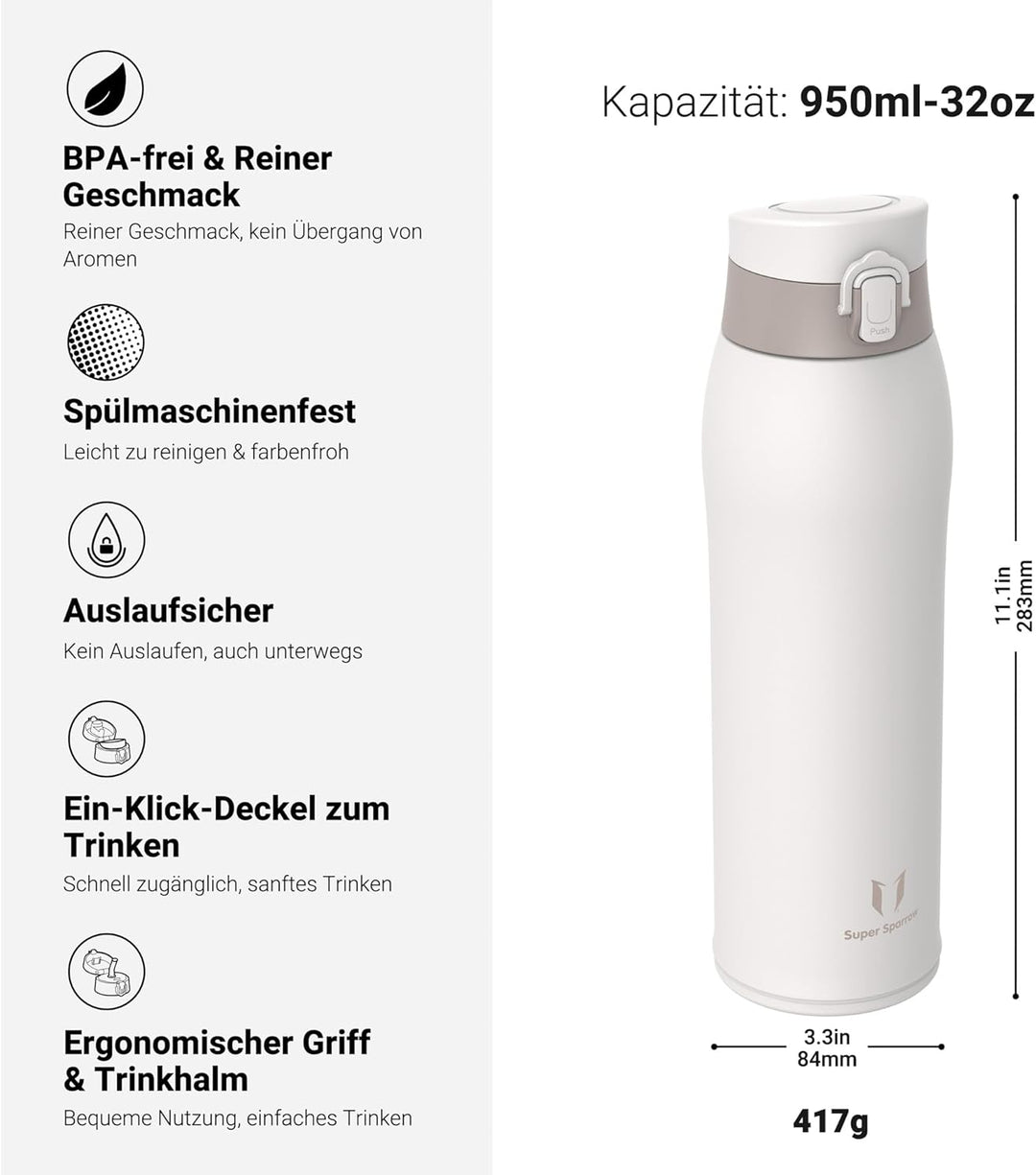 Super Sparrow Trinkflasche Edelstahl - Thermobecher - 500ml, 750ml, 950ml - BPA-Frei Thermosflasche,