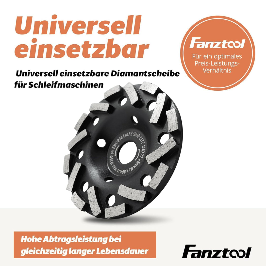 FANZTOOL Premium Diamant Schleiftopf Abrasiv 125 mm x 22,2 mm Schleifteller für abrasive Baustoffe,