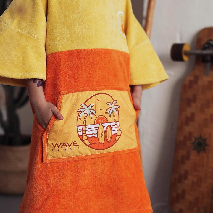 WAVE HAWAII Surfponcho für Körpergrössen von 90-120 cm Poncho ÖKO Baumwolle Umkleidehilfe für Schwim