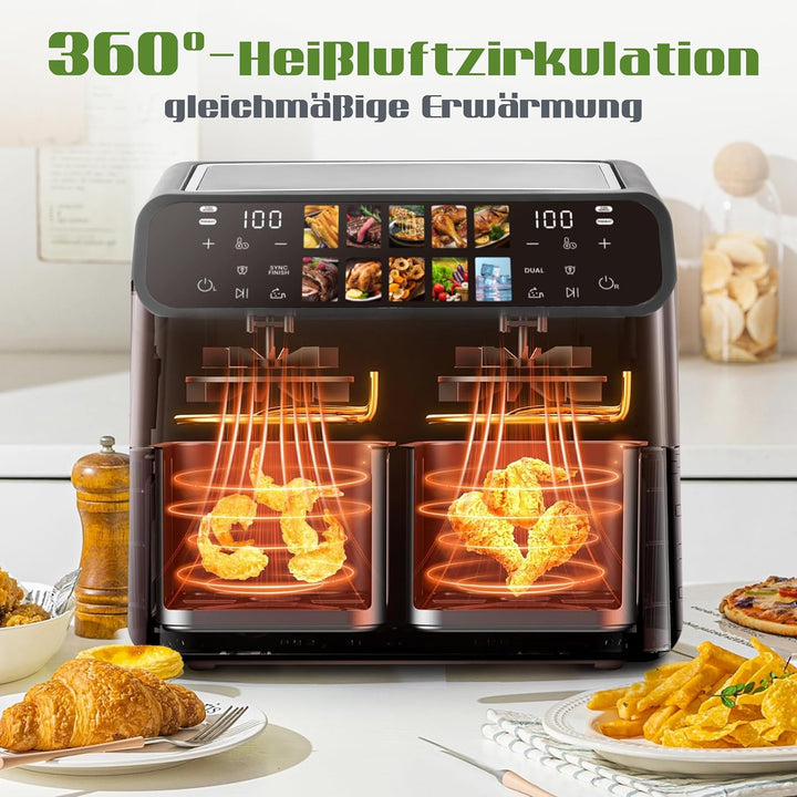 Heissluftfritteuse 2000W mit zwei Kammern 9L, Airfryer mit 10 Programme und LED-Touchscreen, Frittie