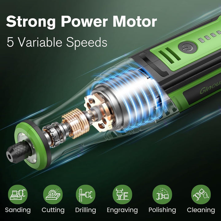 Ginour Multifunktionswerkzeug Akku 8V 2.0Ah Mini Rotationswerkzeug mit LED-Licht 5 Gang 5000-30000 U