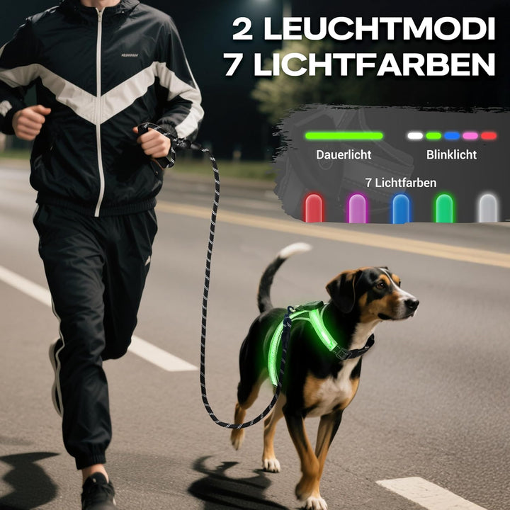 LED Hundegeschirr Set, mit 1,5m Reflektierende Hundeleine, Verstellbare Aufladbares Beleuchtetes Hun