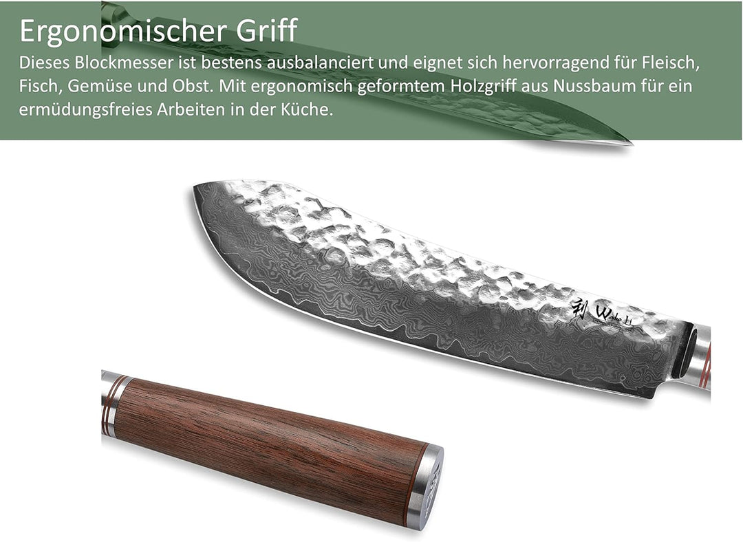 Wakoli Nussbaum Damastmesser Blockmesser mittel extrem scharfe 25 cm Klinge aus 67 Lagen I Damast Kü