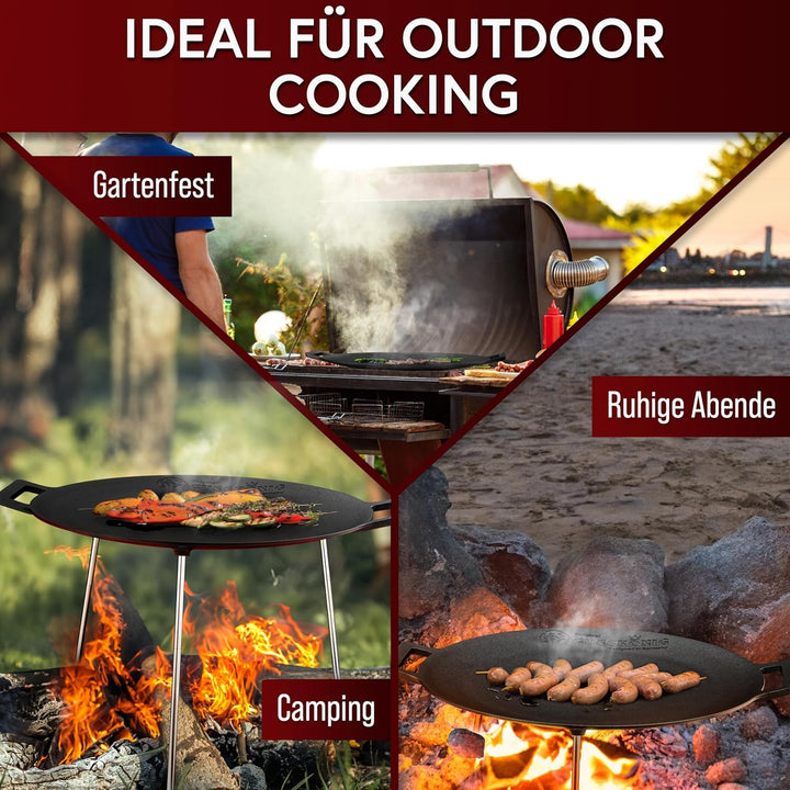 Gusseisen Grillplatte (Ø 42 cm) mit 3 Edelstahl-Beinen – Dutch Oven Grillplatte Rund – Dreibein Gril