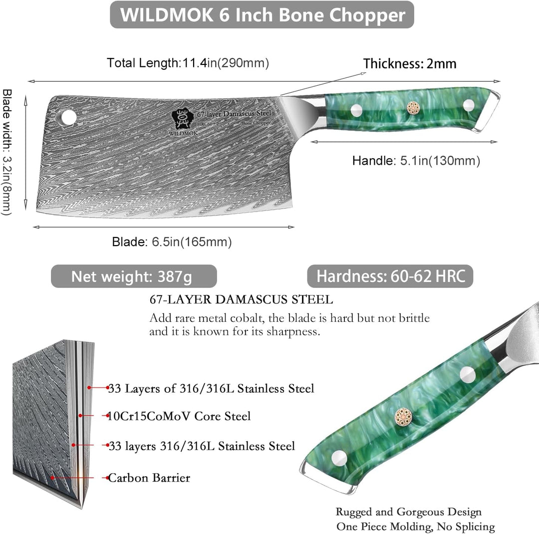 WILDMOK Fleischerbeil 16.5cm robustes, rasiermesserscharfes Küchen-Metzgermesser, geschmiedeter Dama
