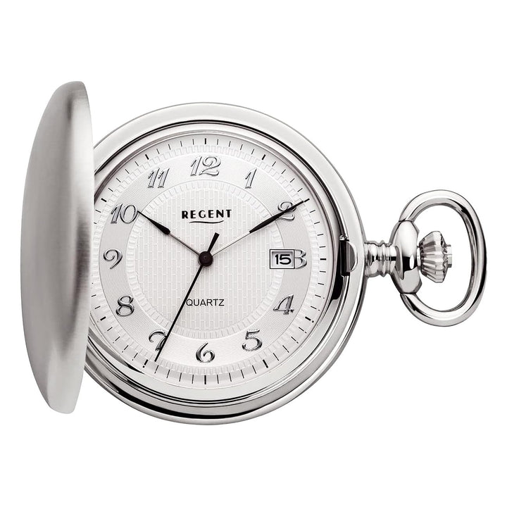 REGENT Herren Taschenuhr Savonnette Klappdeckel 43 MM Durchmesser Quarz Weisses Zifferblatt mit Datu