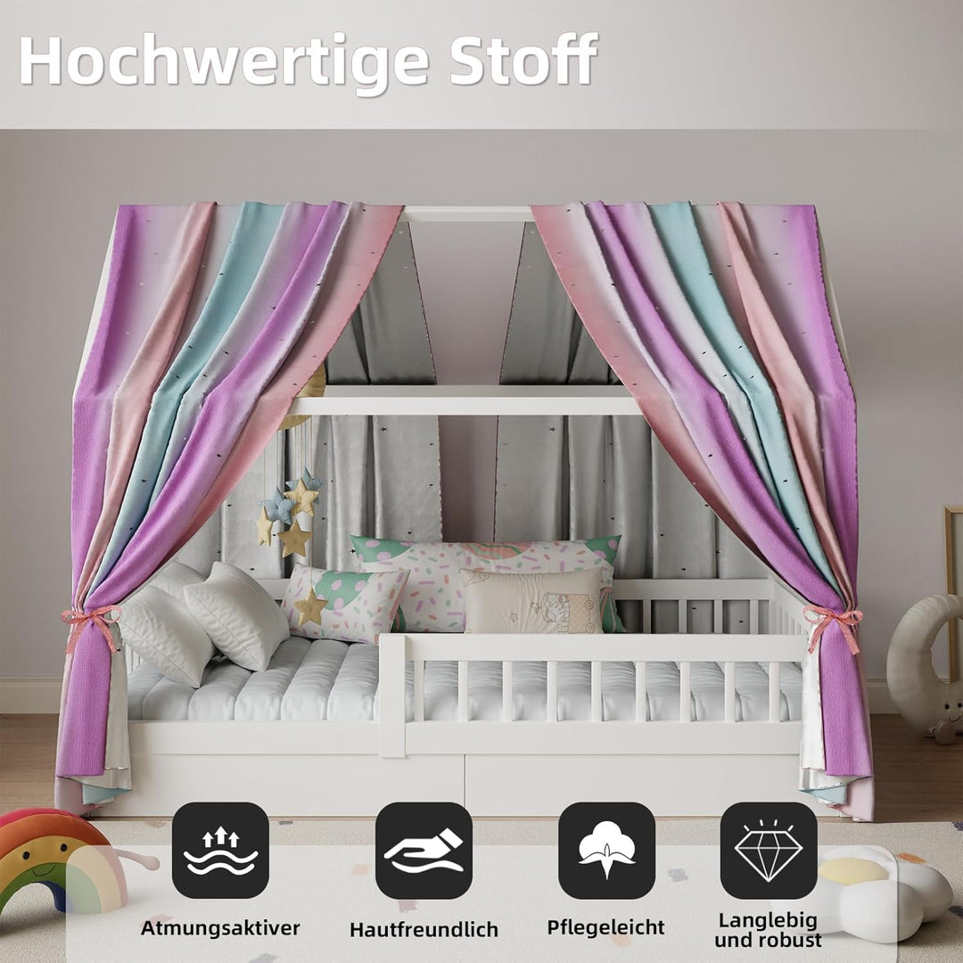 Hausbett Himmel, 2er Set Regenbogen Betthimmel Hausbett – mit ausgestanzten Sternen, Stoffhimmel für