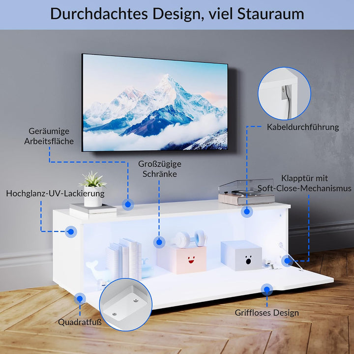 SONNI Lowboard mit LED (16 Farben), Hängend/Stehend, Weiss, 100x35x30cm | TV-Schrank Hochglanz für F