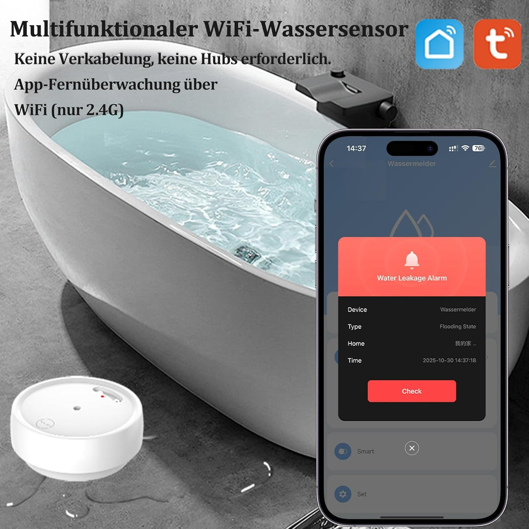 Wassermelder WLAN mit Batterie, IP66 Wassersensor, 80dB Wasseralarm Kompatibel mit Tuya/Smart Life A