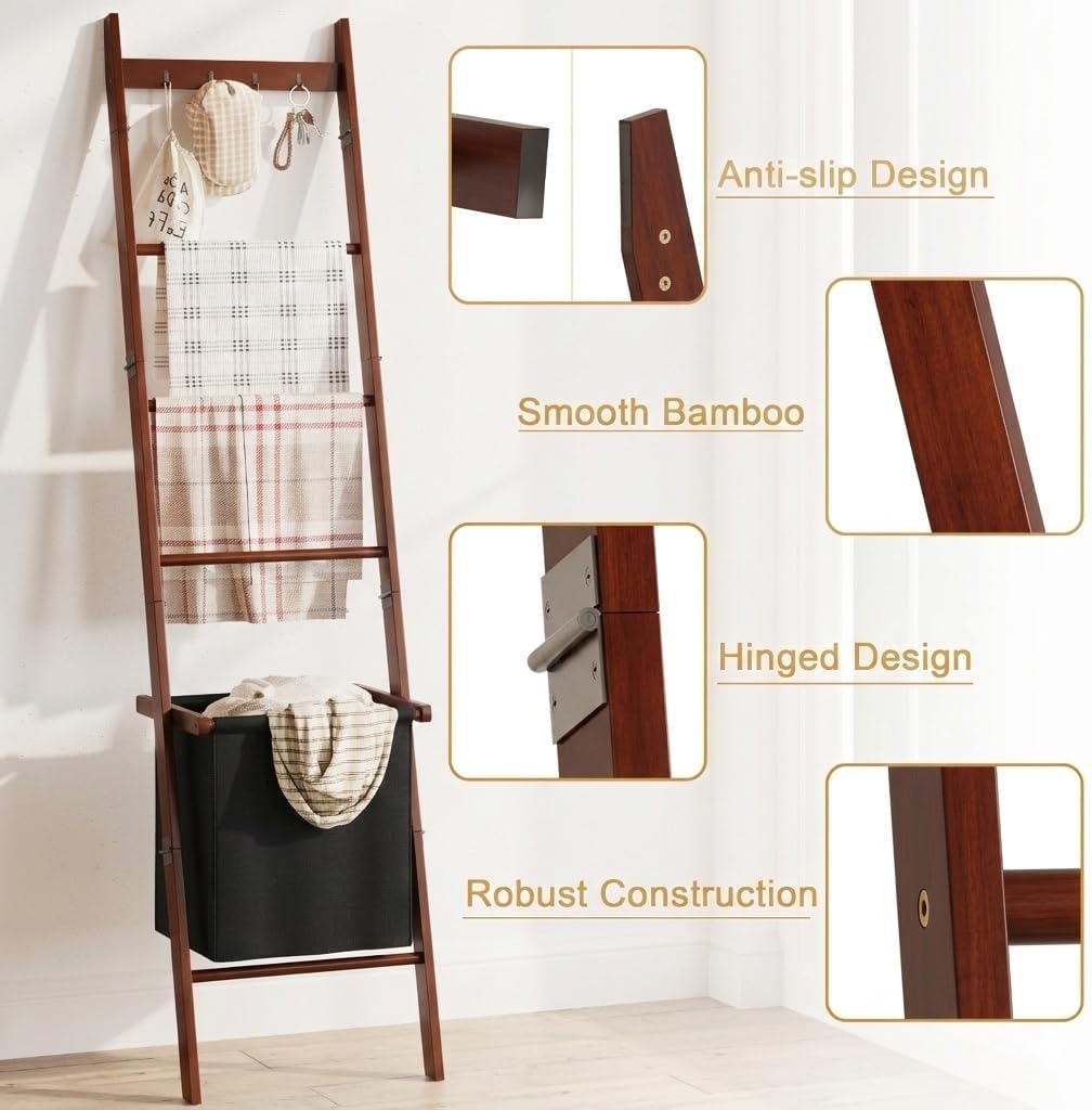 BAMBANG Deckenleiter mit Korb, 5-stufige Decken- und Steppdeckenhalterung Leiter Handtuchhalter mit