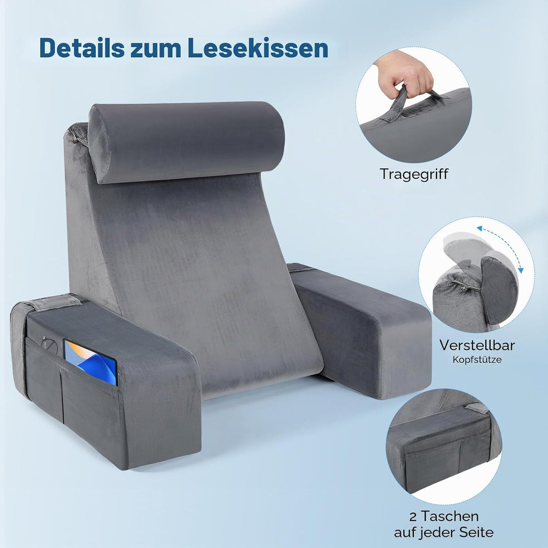 Ergonomisches Lesekissen mit Abnehmbarer Kopfstütze &amp; Armstützen, Rückenstütze für Bett, Sofa, Boden