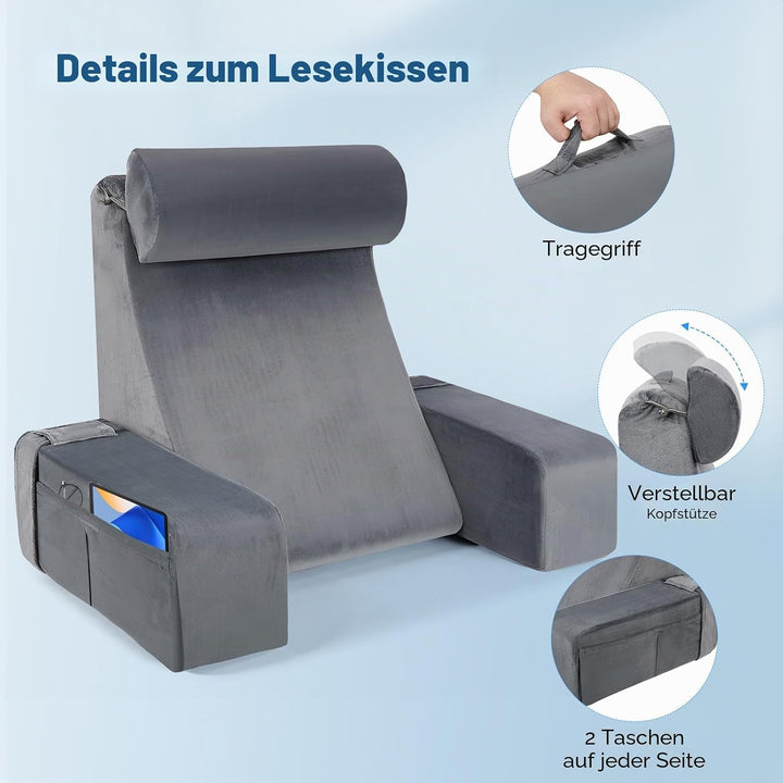 Ergonomisches Lesekissen mit Abnehmbarer Kopfstütze &amp; Armstützen, Rückenstütze für Bett, Sofa, Boden