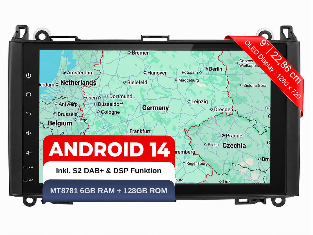 M.I.C. AB9-L2 Android 14 Autoradio mit Navigation: MT6765V,4GB+64GB,9 Zoll QLED,SIM,CarPlay&amp;Android