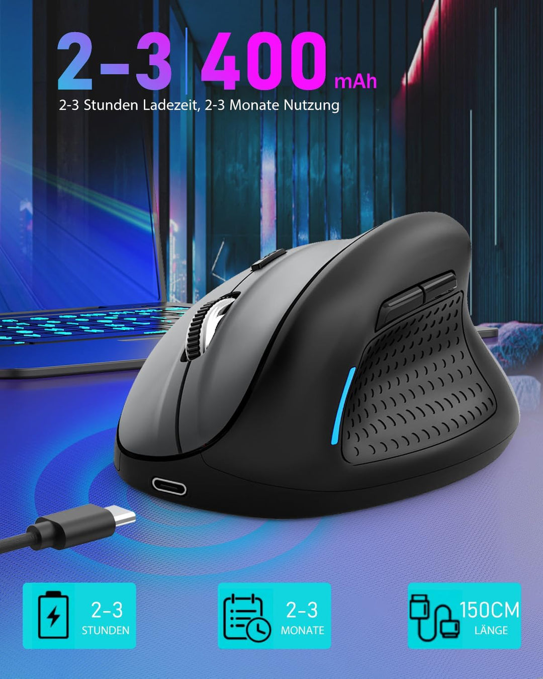 E-Yooso Ergonomische Kabellose Vertical Maus, mit 6 Tasten,Wiederaufladbarer Akku,5 einstellbaren DP