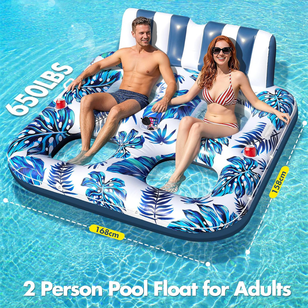 LuxBlue Pool Sessel Aufblasbar 2 Personen, Schwimmsessel für Pools Erwachsene mit Getränkehalter&Gri
