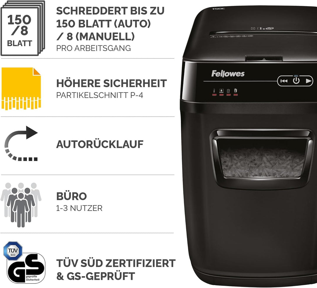 Fellowes Auto-Feed 150C Partikelschnitt Aktenvernichter (P-4), 150 Blatt, für 1-3 Nutzer im Büro ode