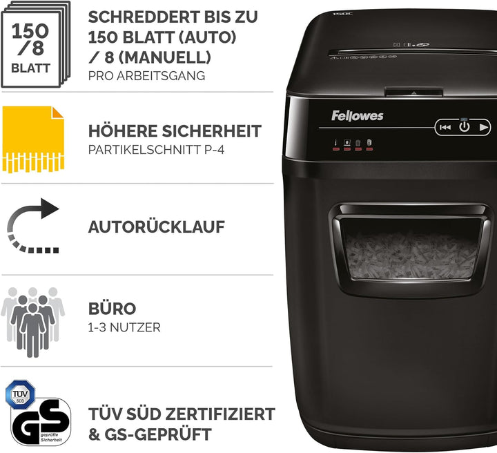 Fellowes Auto-Feed 150C Partikelschnitt Aktenvernichter (P-4), 150 Blatt, für 1-3 Nutzer im Büro ode