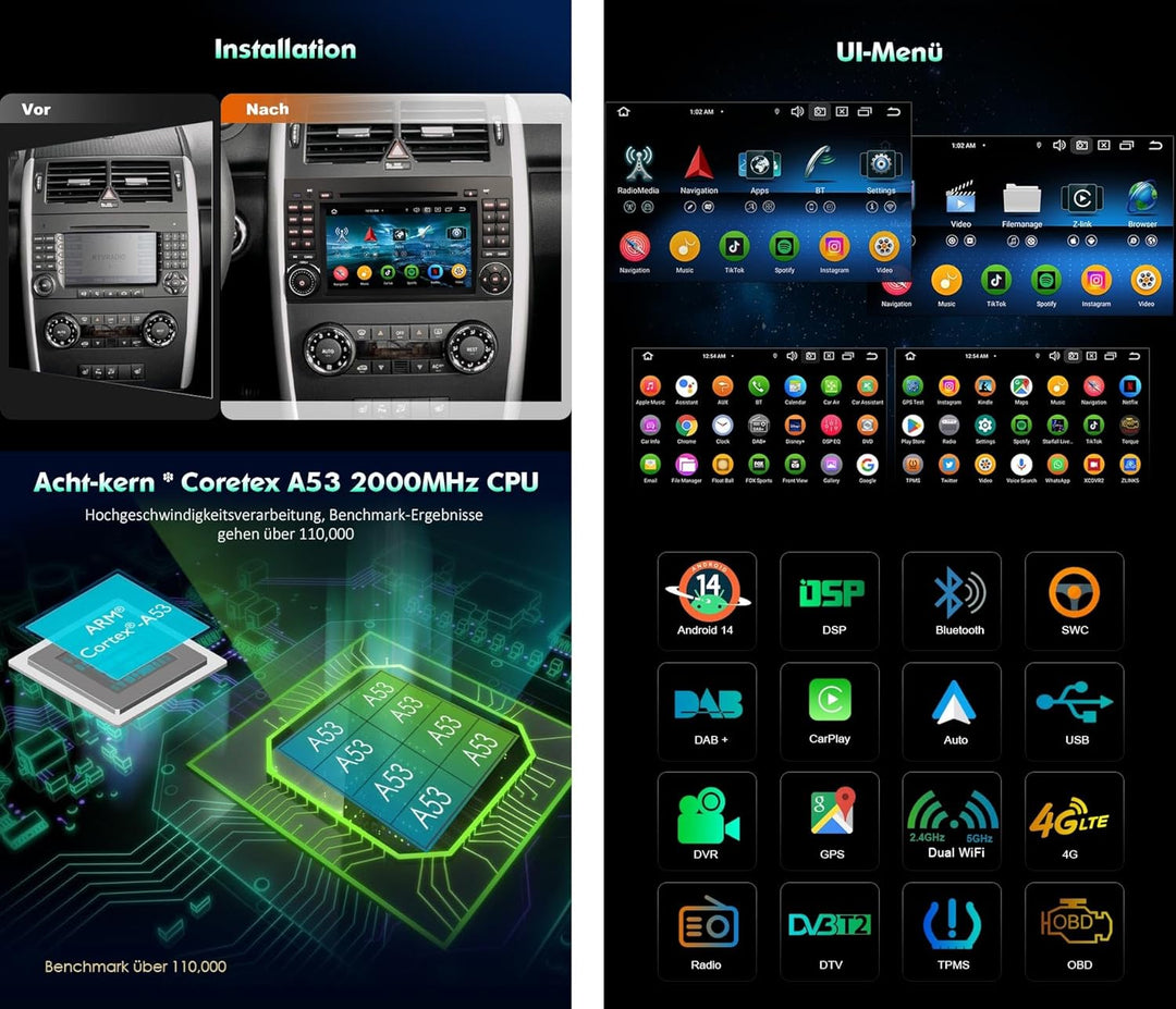 Erisin 7 Zoll 8-Kern 4GB+64GB Android 14 Autoradio GPS Navigation für Mercedes A/B-Klasse W169 W245