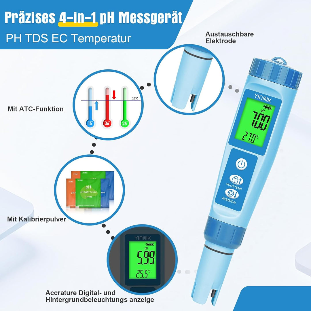 pH Messgerät Wasser, pH EC Messgerät Grow, TDS-Tester für Trinkwasser, YINMIK pH EC Messgerät für Hy