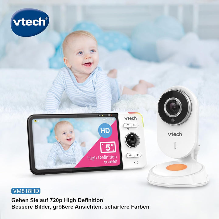 VTech VM818 HD Babymonitor – Video-Babyphone mit Weitwinkelkamera – HD-Video, klarer Sound, 5" LCD-F