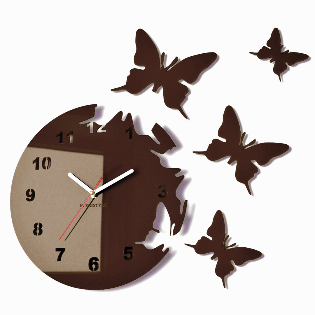 FLEXISTYLE Runde und Moderne Wanduhr mit Schmetterlingmotiv, ohne EIN Tick-Geräusch Dark Brown (weng