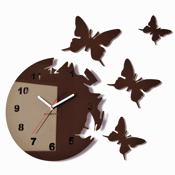 FLEXISTYLE Runde und Moderne Wanduhr mit Schmetterlingmotiv, ohne EIN Tick-Geräusch Dark Brown (weng