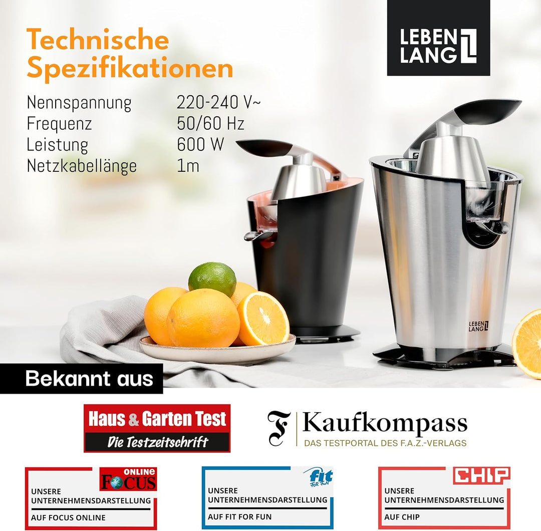 LEBENLANG Orangenpresse elektrische Edelstahl 600W - Inkl. Edelstahlkegel & BPA-Frei I Hohe Saftausb