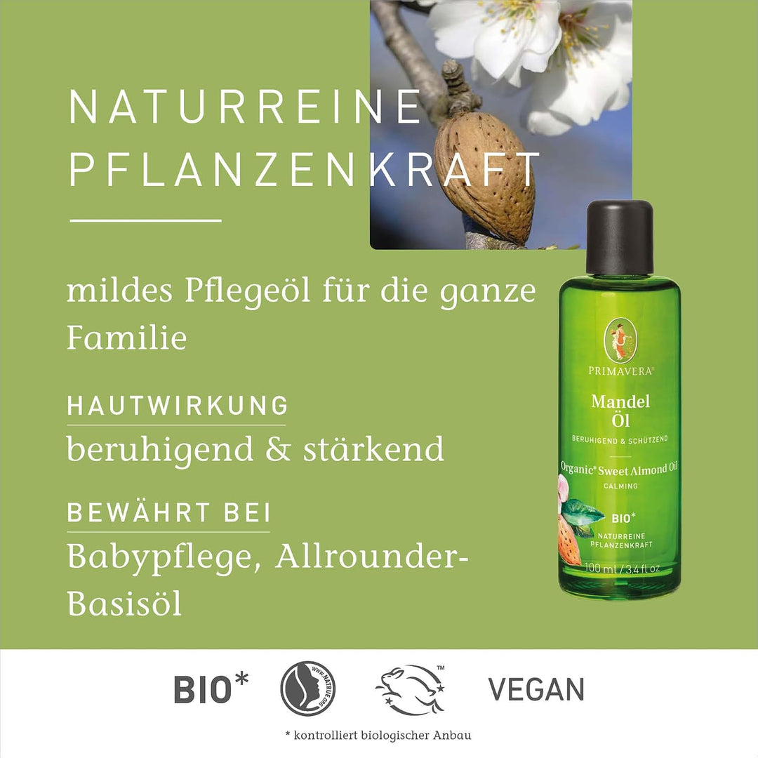 PRIMAVERA Pflegeöl Mandelöl bio 100 ml – naturreine Pflanzenkraft – Glasflasche – Aromaöl, Körperöl,