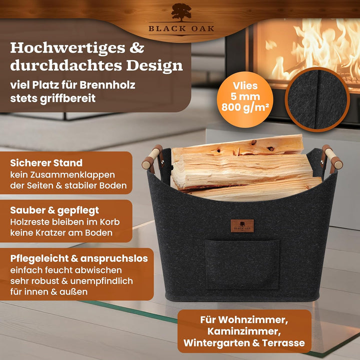 BLACK OAK Montana XL 60L Filzkorb &amp; Holzkorb für Kaminholz - Leder Applikation + rutschfeste Griffe