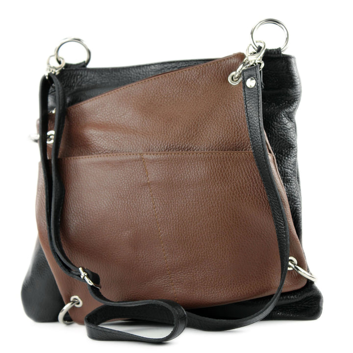 modamoda de - T140 - ital Messengertasche Umhängetasche 2in1 Leder Schwarz/Braun2021, Schwarz/Braun2
