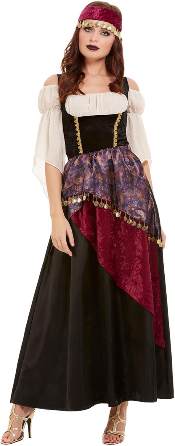 Smiffys Deluxe Fortune Teller Costume, Black with Dress &amp; Headband, Circus Fancy Dress, Adult Dress